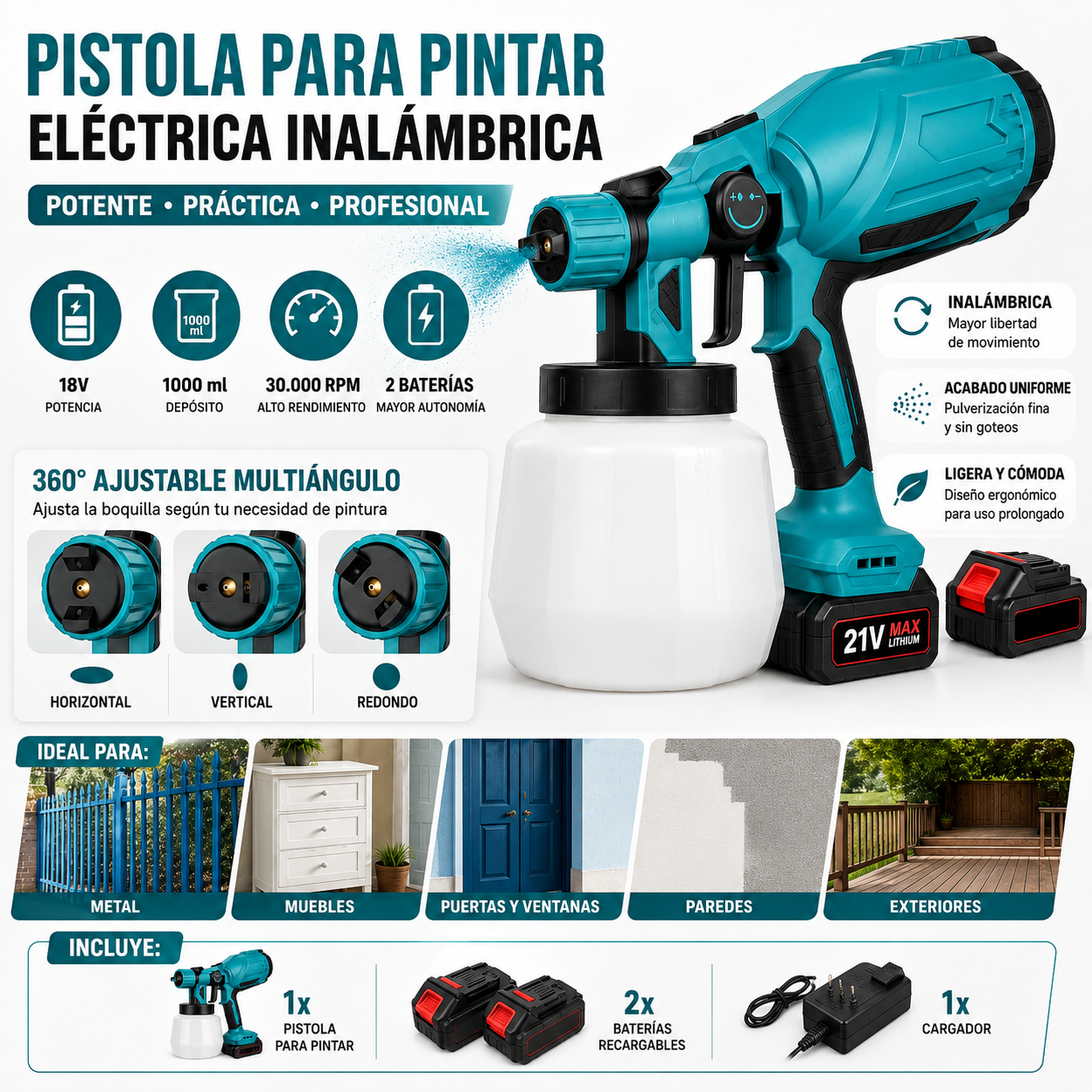 Pistola de Pintura Eléctrica Inalámbrica Profesional con 2 Baterías de Larga Duración - Image 2