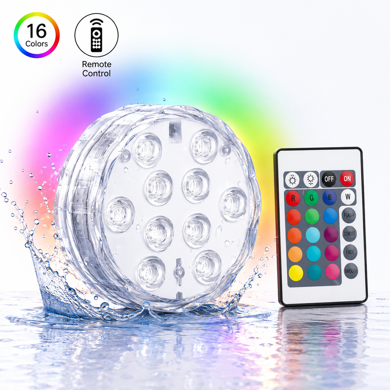 Luces LED Sumergibles RGB con Control Remoto – 16 Colores Vibrantes